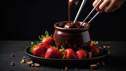 Sticker - A bowl of melted chocolate surrounded by fresh strawberries for dipping.