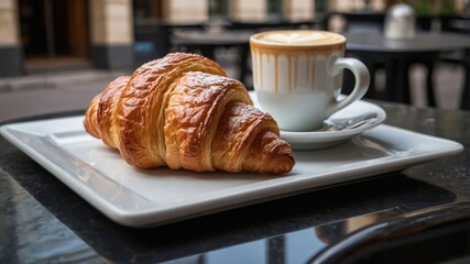 Wall Mural - A croissant on a plate beside a cup of latte in a caf? setting.