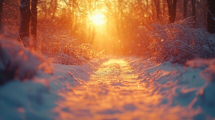 Wall Mural - Sunset light illuminating a snowy forest pathway during winter in a serene landscape