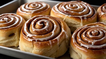 Wall Mural - Freshly baked cinnamon rolls with icing, arranged neatly on a baking tray.