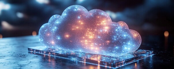 Wall Mural - Futuristic 3D isometric cloud icon with glowing blue and orange lights