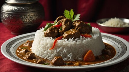 Sticker - A plate of rice topped with flavorful beef curry and garnished with herbs and chili.