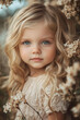 © ALL YOU NEED studio - a close-up portrait of a young girl with delicate blonde curls and soft blue eyes, her face adorned with natural freckles, surrounded by dried flowers and soft foliage, wearing a vintage lace dress
