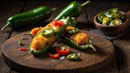 Sticker - Stuffed jalape?os on a wooden board, garnished with tomatoes and peppers.