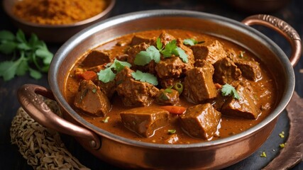 Sticker - A rich and flavorful meat curry garnished with herbs, served in a copper pot.