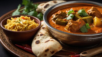 Sticker - A vibrant plate featuring curry, rice, naan, and garnishes, showcasing a delicious meal.