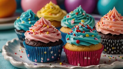 Wall Mural - Colorful cupcakes with frosting and sprinkles on a decorative plate, set against a festive background.