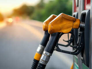 Wall Mural - Road trip scenic excitement concept. Fuel nozzles at a gas station in focus, with a blurred road and greenery in the background, capturing the essence of travel and energy.