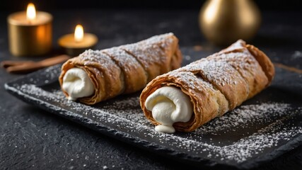 Sticker - Delicious dessert rolls filled with cream, dusted with powdered sugar on a dark plate.