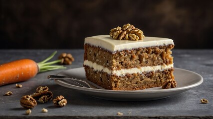 Sticker - A slice of carrot cake topped with cream cheese frosting and walnuts, served on a plate.