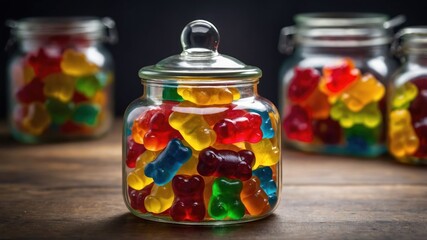 Wall Mural - A glass jar filled with colorful gummy bear candies on a wooden surface.