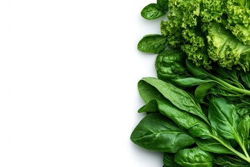 Wall Mural - Fresh green leafy vegetables including spinach and kale, arranged neatly against a white background.