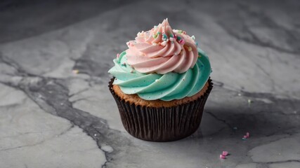 Wall Mural - A colorful cupcake with pink and blue frosting, topped with sprinkles on a marble surface.