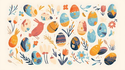 A set of Easter-themed decorations, featuring a variety of colorful eggs arranged in an artful and joyful layout