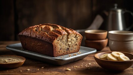 Wall Mural - A freshly baked loaf of banana bread on a tray, surrounded by bowls and banana slices.