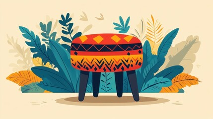 Poster - Vibrantly Colored Decorative Stool with Bold Patterns Set Against a Background of Various Stylized Leaves and Plants in an Abstract Illustration