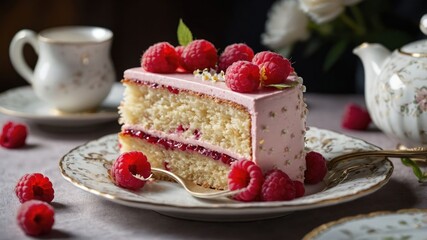 Wall Mural - A beautifully decorated slice of cake topped with raspberries, served on an elegant plate.