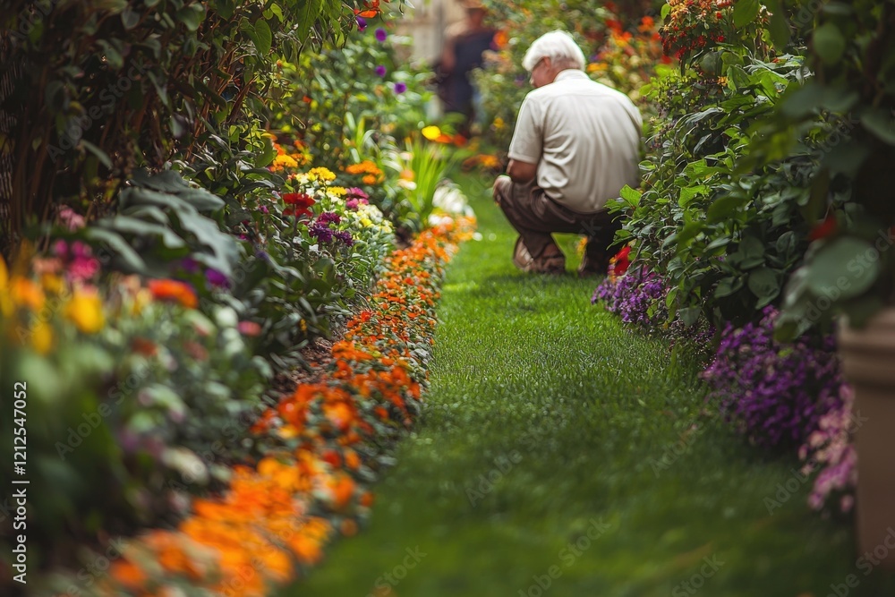 An older man crouches in a lush garden surrounded by colorful flowers and greenery, enjoying a peaceful moment while attending to his plants on a sunny day.