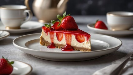 Wall Mural - A slice of strawberry cheesecake garnished with fresh strawberries on a decorative plate.