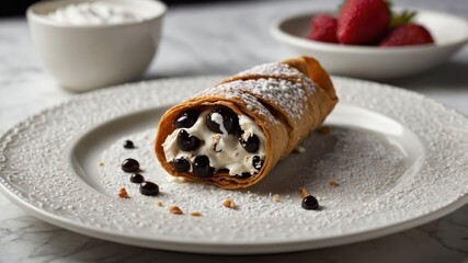 Sticker - A delicious cannoli filled with cream and chocolate chips, served with strawberries.