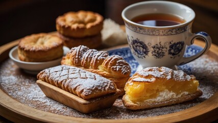 Wall Mural - A cozy tea setting with pastries on a wooden tray and a cup of tea.