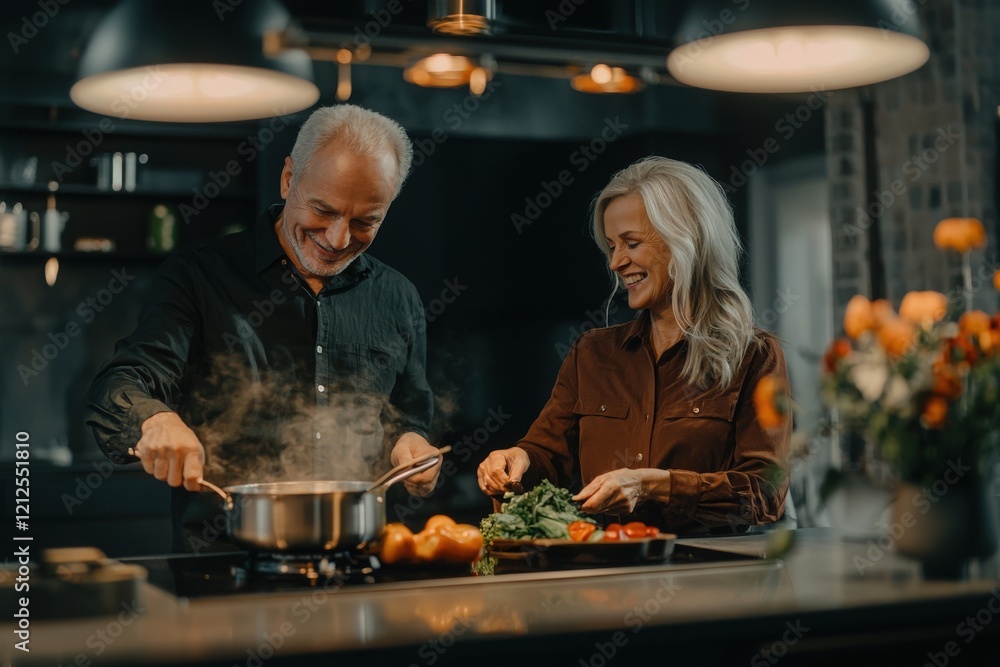 In a stylish kitchen, a couple happily prepares a meal together, surrounded by fresh vegetables and a cozy atmosphere. Steam rises from a pot, adding to the intimate setting.