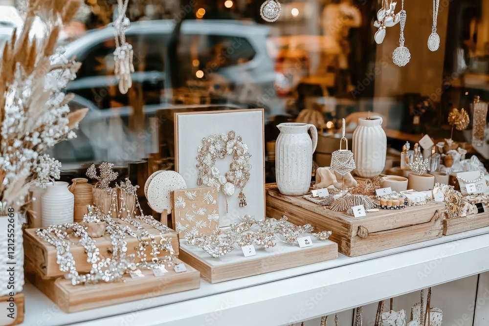 Beautifully arranged jewelry is showcased in a store window, drawing attention from shoppers passing by. The elegant pieces, crafted from various materials, sparkle in natural light.