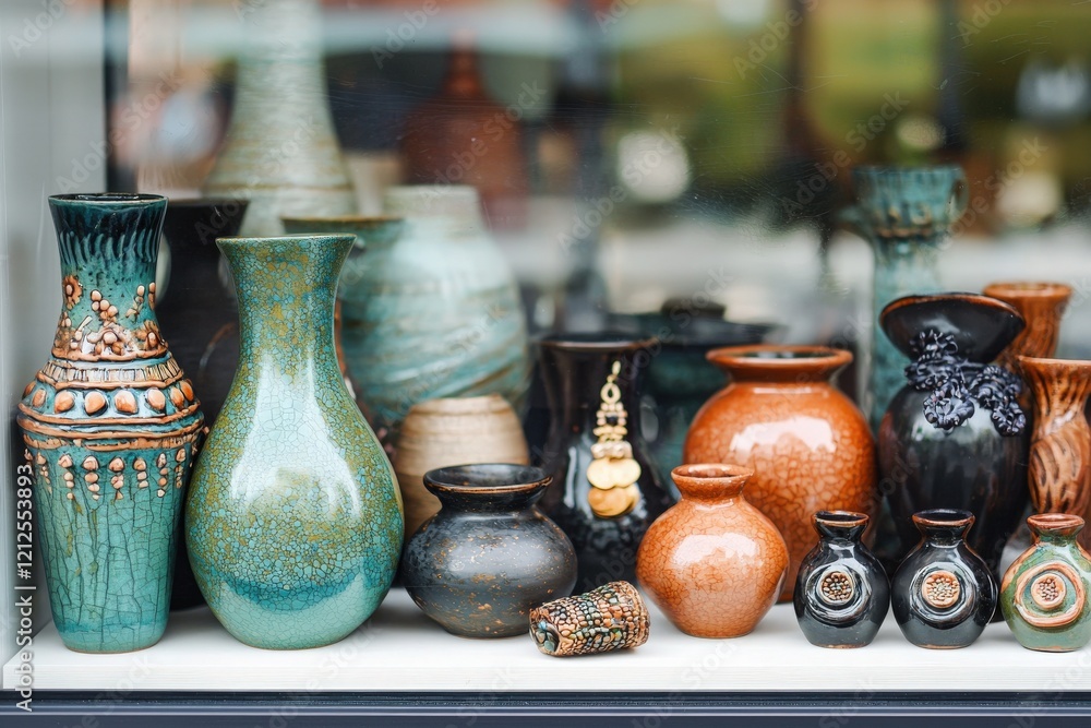 A variety of colorful handmade pottery pieces are displayed in a shop window, showcasing different shapes and textures. The sunlight accentuates their vibrant glazes and details.