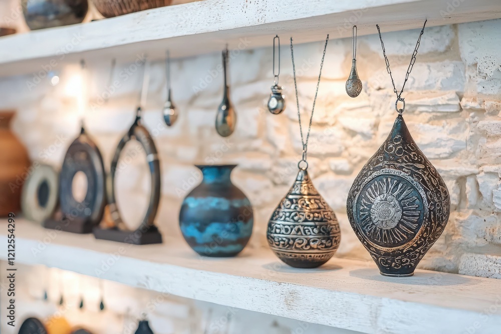 Colorful handcrafted pottery and decorative items are neatly arranged on a white shelf against a textured wall. The unique designs showcase the artisans skill and creativity.
