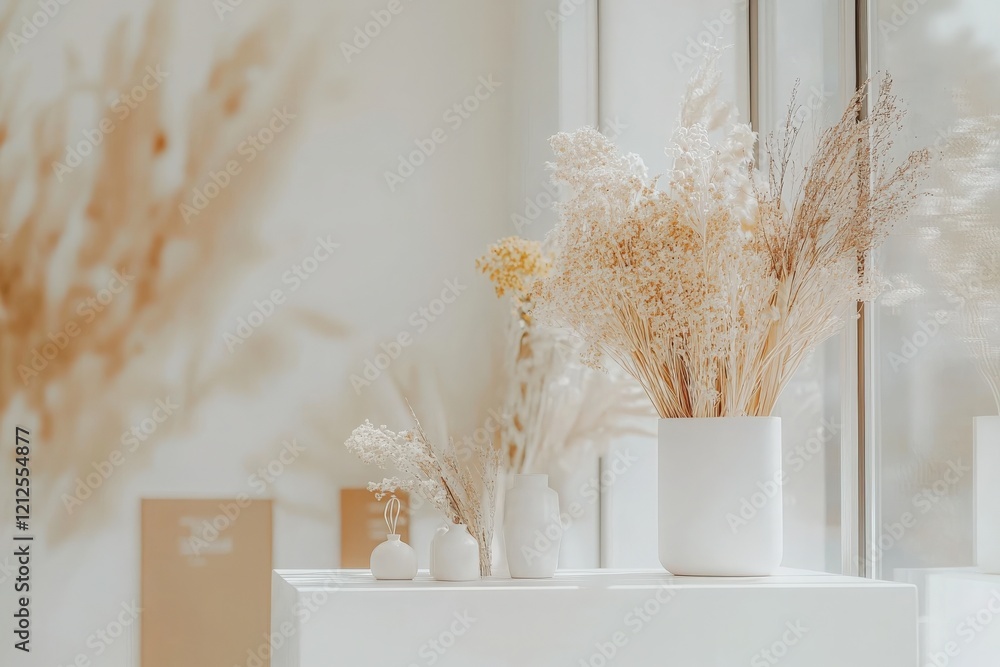 A collection of dried flowers in neutral tones is displayed in a modern vase. The soft lighting enhances the warm atmosphere, creating a cozy, inviting space perfect for relaxation.