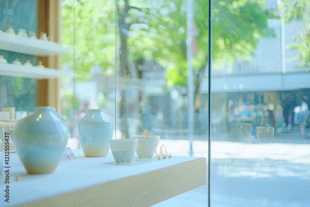 A collection of beautiful ceramic pieces is showcased in a clear glass display. The scene captures a lively city atmosphere with trees and blurred figures of passersby outside.