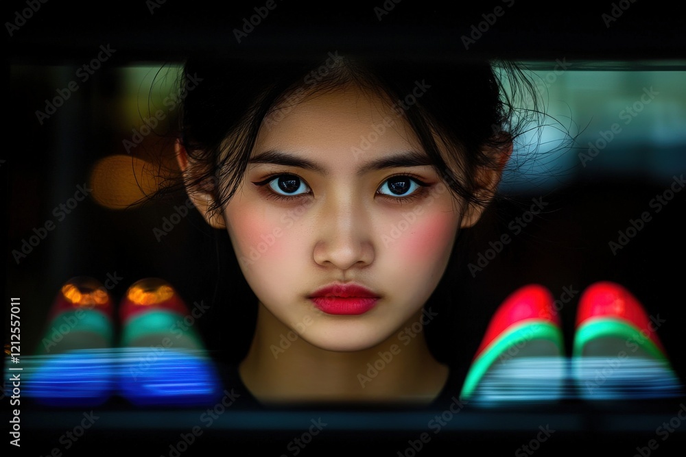 This scene features a young woman with striking features looking intently through a shop window showcasing vibrant shoes. The evening atmosphere enhances her captivating gaze.