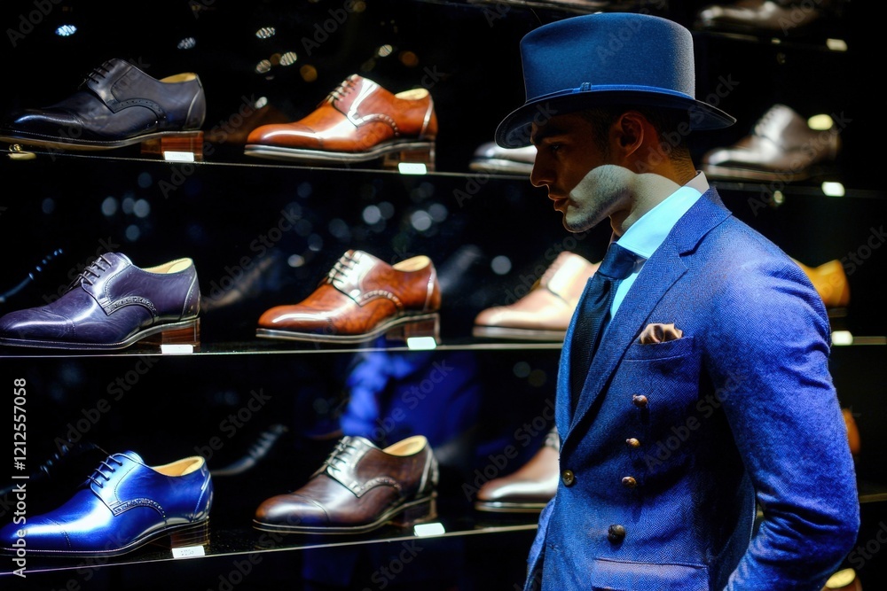 A well-dressed man stands in front of a display of high-quality shoes in a boutique during the evening. The setting highlights the craftsmanship and design of each shoe.