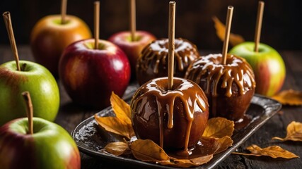 Wall Mural - A platter of caramel apples surrounded by fresh apples and autumn leaves.