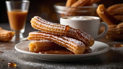 Wall Mural - Churros dusted with sugar, served with caramel sauce and a cup of hot drink.