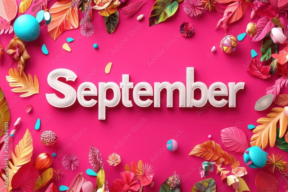 The word September is styled in a three-dimensional format, surrounded by various colorful autumn leaves and playful decorative shapes, creating an eye-catching visual display.