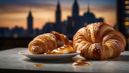 Wall Mural - A plate with croissants drizzled in caramel against a city skyline backdrop at sunset.