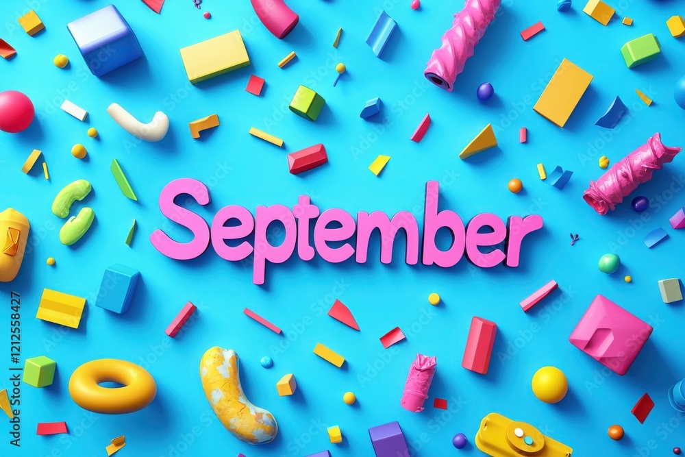 Brightly colored geometric shapes are scattered across a vivid blue background, with the word September prominently featured in pink. The playful arrangement creates a fun, vibrant atmosphere.