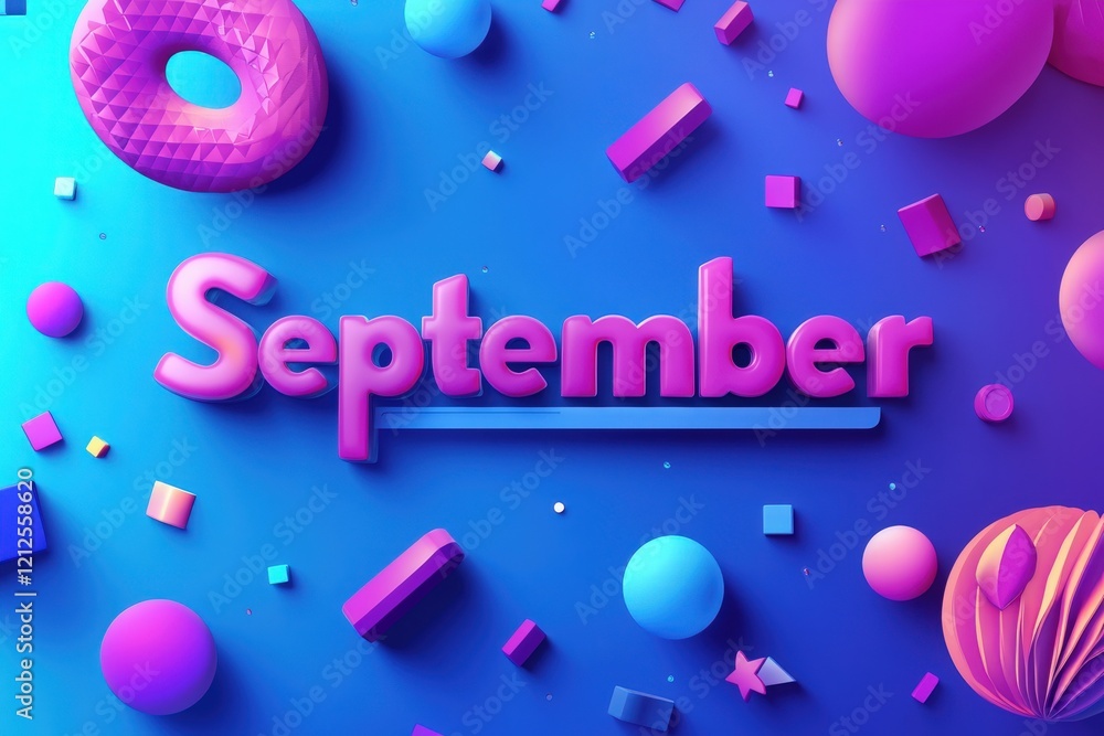 This vibrant artwork showcases the word September in bold pink text, surrounded by colorful playful shapes like donuts, spheres, and cubes on a blue backdrop.