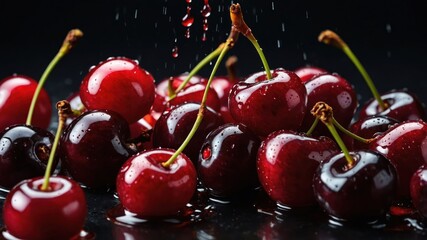 Sticker - Juicy cherries glistening with water droplets on a dark surface.