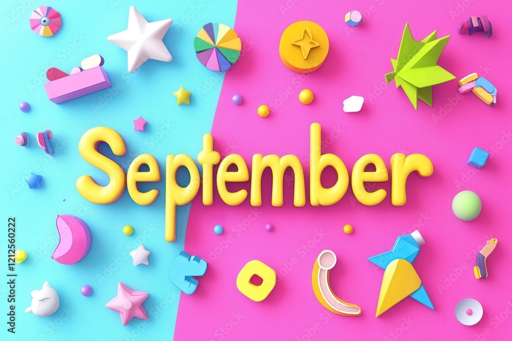 September is whimsically presented with bright yellow lettering surrounded by assorted geometric and playful shapes in pink and blue tones, creating a lively and cheerful atmosphere.
