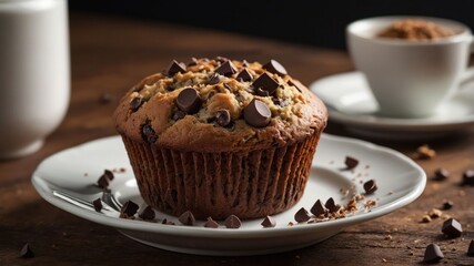 Wall Mural - A delicious chocolate chip muffin on a plate, surrounded by chocolate chips and a cup.