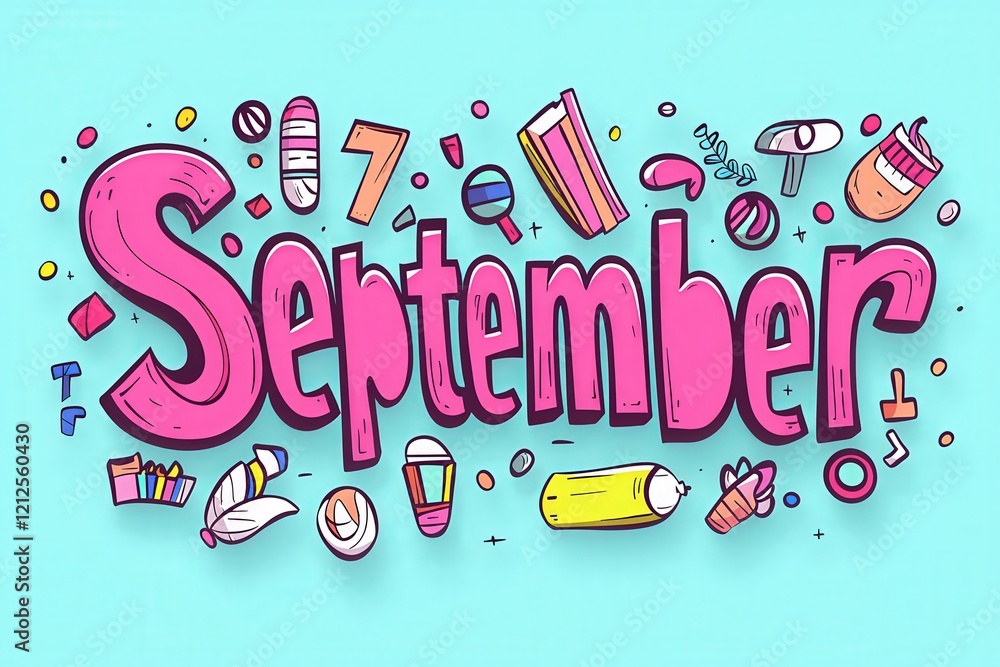The vibrant design features the word September in bold pink letters, surrounded by playful illustrations of school supplies and seasonal elements, reflecting the start of fall.
