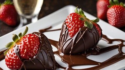 Sticker - Two chocolate-covered strawberries on a plate with drizzled chocolate and fresh strawberries.