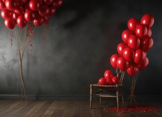 A bunch of red balloons tied to a wooden chair on a dark background with a subtle hint of fall leaves, nature scenery, black friday deals