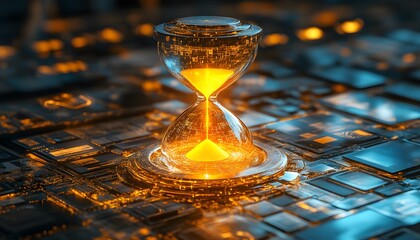 Aufkleber - Futuristic Hourglass Concept Capturing the Essence of Time in a High-Tech Digital Landscape with Glowing Elements and Intricate Patterns