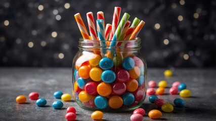 Wall Mural - A glass jar filled with colorful candies and lollipops, set against a blurred background.