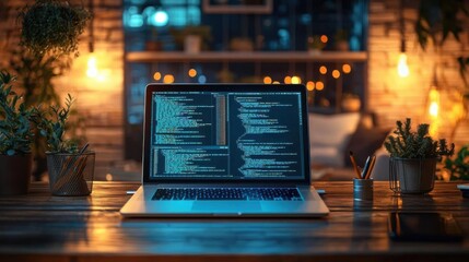 Highly Detailed Tech-Themed Workspace: Modern Laptop with Coding Software on Wooden Desk, Futuristic Lighting