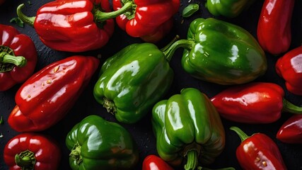 Wall Mural - A vibrant assortment of red and green bell peppers arranged on a dark surface.