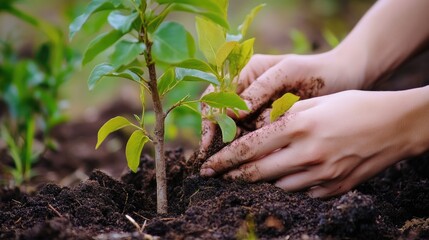 Poster - A person holds a small plant in the dirt, ready to nurture its growth